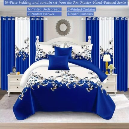 Baroque style Luxury 9pcs Bedding And Curtains Set, 1 Baroque Bedspread, 2 Pillowcases, 4 Solid Curtains, 2 Baroque Printed Curtains, All Seasons, Spring&Summer Bedroom Deco, Gift Packaging, Breathable, Local Warehouse, Comforter Sets