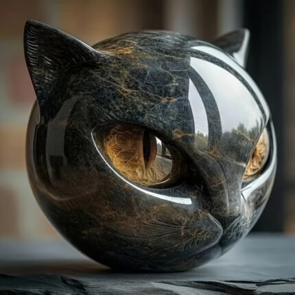1 Luxury Hand-Carved Black Cat Stone Sculpture - Glossy Spherical Marble-like Figurine with Expressive Eyes, Non-Motorized Home/Office Decor for Cat Lovers, Perfect Gift for Birthdays, Housewarmings & Pet Memorials - Durable Stone Craftsmanship