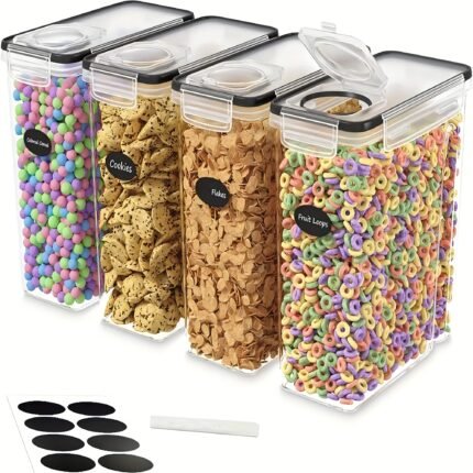 4-Pack Extra Large (4L/135oz) Airtight Food Storage Containers with Flip-Top Lids - BPA-Free Heavy-Duty Plastic Pantry Canisters, Clear Rectangular Bulk Storage Containers with Black Lids & Central Spill-Proof Lid for Kitchen, Pantry Organization - Ideal for Cereal, Flour, Rice, Pasta, Snacks, Granola, Nuts - Space-Saving Stackable Design, Multi-Purpose for Long-Term Storage