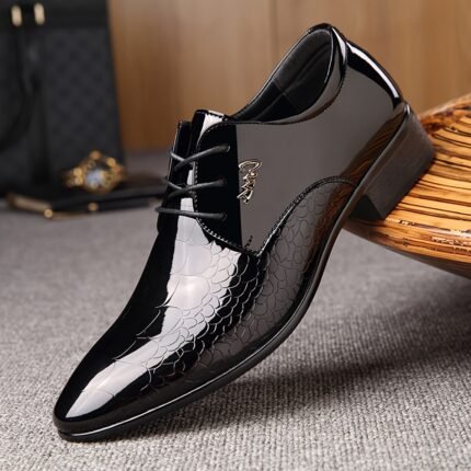 Men'S Black Glossy Dress Shoes - Pointed Toe, Lace-Up, Faux Cover with Rubber Sole for Weddings, Work, and Formal Events, Wedding Shoes | Sleek Shoe Design | Durable Rubber Sole
