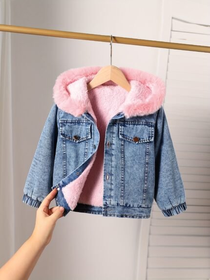 Girls' Patchwork Plush Button Hooded Denim Jacket, CasualLong-sleeved Hooded Jacket for Autumn And Winter, ChildrenDaily Wear, Suitable for Outdoor Activities And Parties