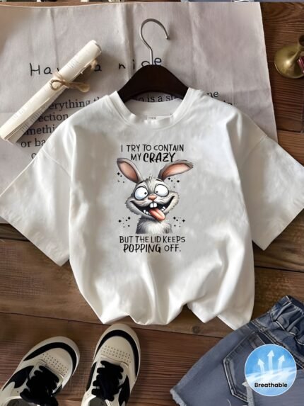 I TRY to CONTAIN MY CRAZY BUT THE LID KEEPS POPPING OFF" Funny Graphic Tee - Soft, Breathable Short-Sleeve T-Shirt for Women, White Casual Summer Top with Design