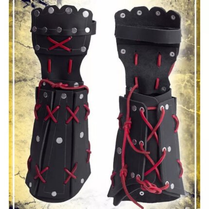 Medieval Knight Gauntlets - Retro Long Gloves with Adjustable Straps, Black & Red Accents, Durable Faux Leather Arm Guards for Cosplay, Carnival, Themed Parties - Cool & Stylish Medieval Armor Design, Medieval Accessories, Carnival Costume, Steampunk Style, Metallic Accents, Cosplay Enthusiasts