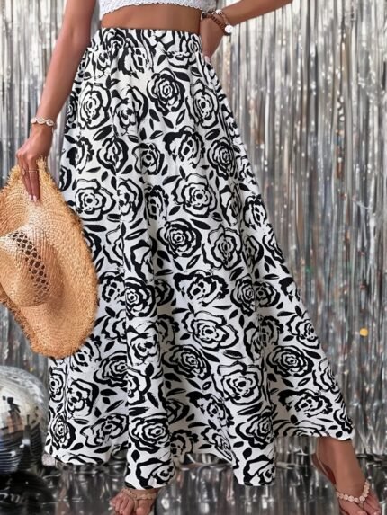 1pc Elegant Plus Size Floral Print Flared Skirt for Women, Polyester Knit Fabric with Medium Stretch, All-Season Fashion