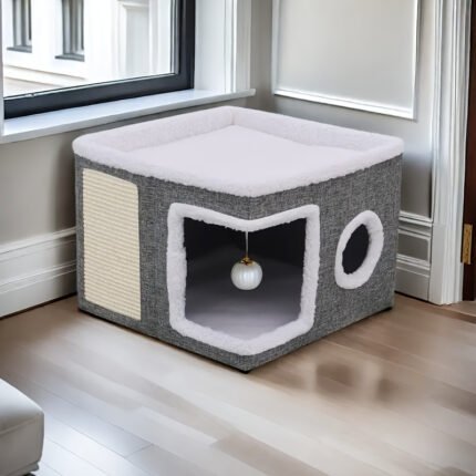 Luxurious Multi-layer Cat House, Cat House with 2-tier Bed, Toy Tunnel, Foldable Scratching Post, and Comfortable Mat- Cozy Indoor Cat Cube Bed with Plush Hanging Ball, Nylon Frame, Canvas Material, All-Season Enclosure, Ideal Home- Foldable