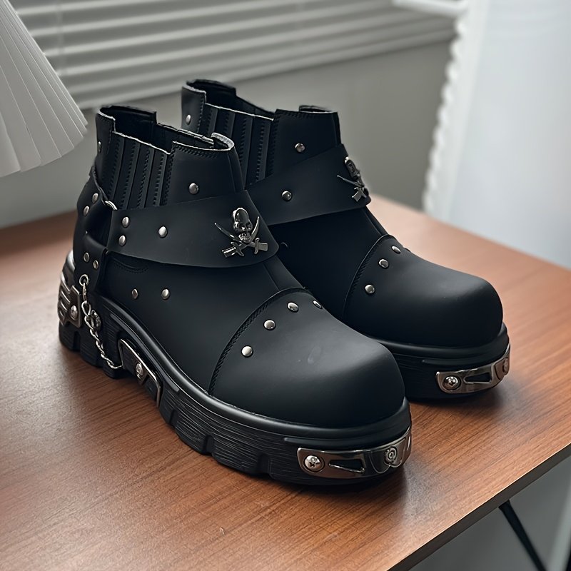 57d77d82-b3c2-4a47-8fe2-e1045bb06404.jpg Men's Slip-On Casual Boots with Buckle Strap & Studs - Chunky Platform Ankle Booties, Upper & Rubber Sole, All-Season Round Toe Boots for Daily Wear, Camping, Parties - Edgy Gothic Style (Black) - Image 1