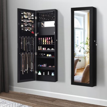 MULTIGOT Modern Mirrored Jewelry Cabinet Armoire Organizer with LED Lights & Lockable Design - Wall-Mounted Space-Saving Storage, 5 Shelves, 18 Hooks, 60 Ring Slots, Black MDF & Glass Contemporary Bedroom Decor, Sleek Style | Durable Construction, Jewelry Organizer Storage