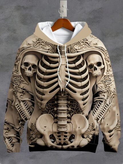 3D Skull Printed Long Sleeve Hoodie - Men'S Casual Hoodie with Strap Pocket, Knitted Polyester Fabric, Stretch Version, Autumn/ Winter Collectibles