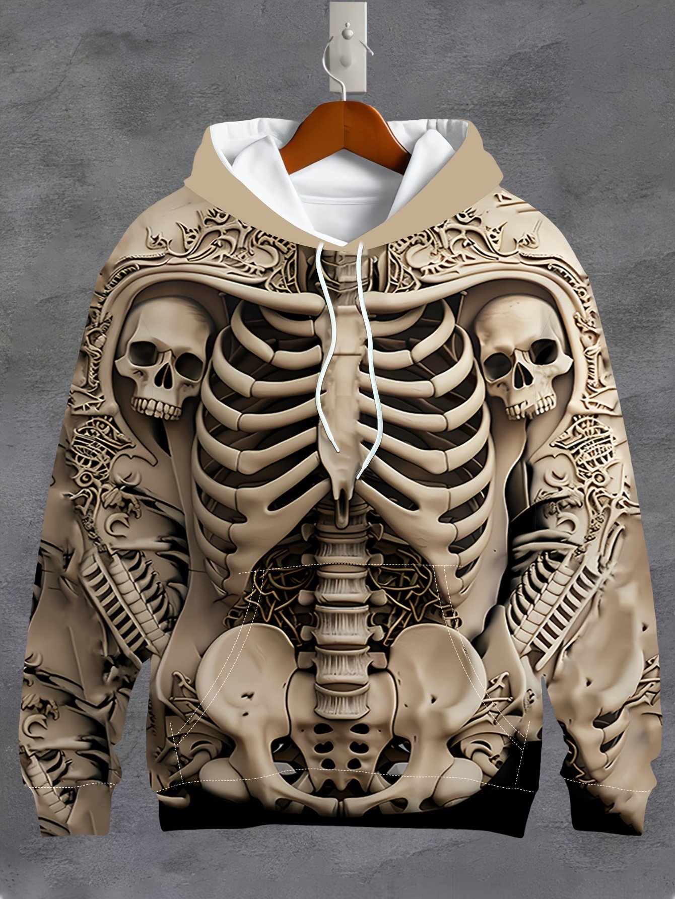 5a9dc8a5-9a85-425b-8d10-6b891e8236e4.jpg 3D Skull Printed Long Sleeve Hoodie - Men'S Casual Hoodie with Strap Pocket, Knitted Polyester Fabric, Stretch Version, Autumn/ Winter Collectibles - Image 1