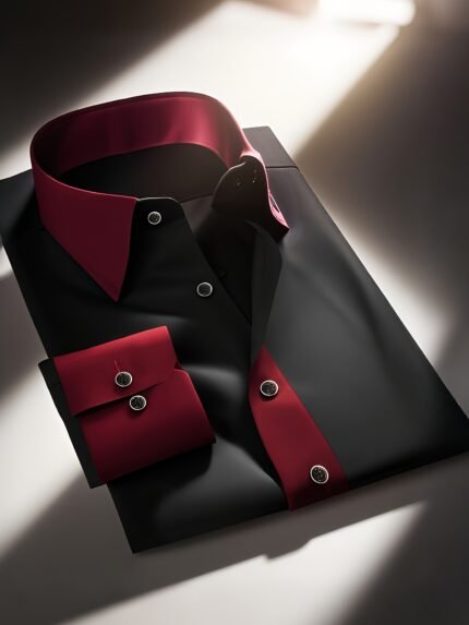 Men'S Slim-Fit Long Sleeve Dress Shirt - Solid Color Black & Red Contrast, Button-Up Collared Shirt for Business, Formal & Casual Wear, All-Season Polyester Fabric, Formal Attire, Modern Men'S Shirt, Sophisticated Style