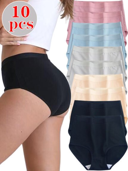 10pcs Women'S Underwear High Waist Stretch Briefs Soft Underpants Ladies Full Coverage Panties