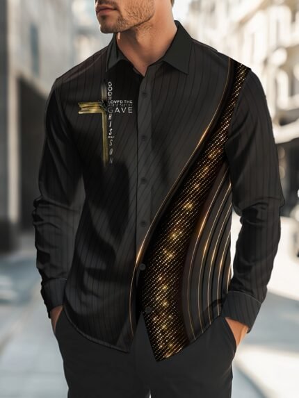 Men's Plus-Size Business Casual Shirt - Lightweight All-Season Fabric with Religious 3D Print, Black & Golden Accent Design, Classic Collar & Button Front, Machine Washable, Versatile Clothing, Nontransparent Fabric
