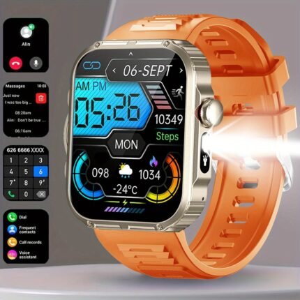 Wireless Calling Smartwatch, 2.02-inch 240P Resolution, Life, Wireless 5.3 Calls, Message Real-Time Alerts, Sedentary, Drinking Water, Alarm Clock Reminder, Accurate Exercise Data Recording, Built-in Flashlight, Multi-mode Compatible - Running, Cycling, Swimming, etc., Voice Assistant, Weather, Alarm Clock - Essential for Travel