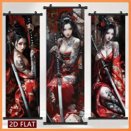 3pcs Set of Women with Swords Theme Plastic Scrolls / Hanging Scroll Paintings, Gorgeous Style Decorative Paintings, Red Robe Tattoo Sword Headpiece Elements, Splatter Paint Background Design, Suitable for Tea Room, Study, Living Room Wall, Vintage Elegant Culture Style Gift Choice