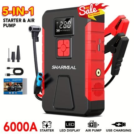 Portable Car Jump Starter with Air Compressor 6000A Battery Booster, 150PSI Tire Inflator, Emergency Power Pack for Gas & Diesel Engines (Up to 1.98-Gallon Gas/ 1.59-Gallon Diesel) Jump Starter Battery Pack & Charger, Jump Starter Battery Pack With Air Compressor