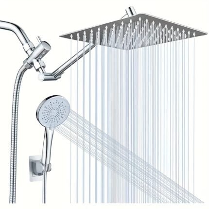 High Pressure Shower Head Combo with 11" Adjustable Arm - Dual Mode Rainfall Showerhead and Handheld Shower, Heavy-Duty Metal Construction, Wall Mounted Bathroom Fixture for Powerful Spray - Ideal for Low Water Pressure - Modern Bathroom Upgrade, Contemporary Wall Mount, Sleek Metallic Finish, Sturdy Construction, Home Improvement
