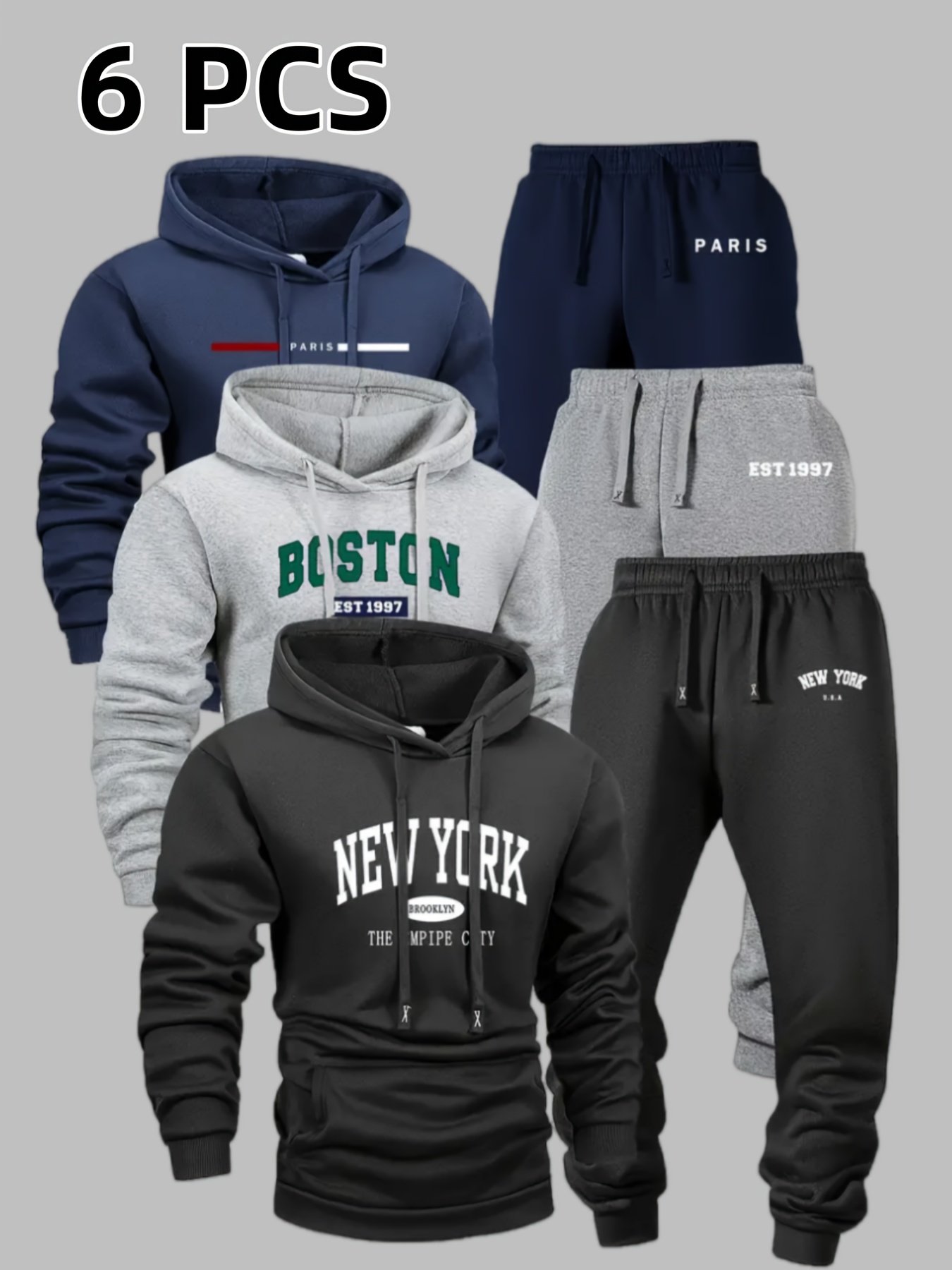 5caf5ff5-b356-4e6e-80ec-3d1fddc54215-1.jpg 6pcs Men's Sportswear And Pants Set, Fashionable Street Style City Name Printed Sportswear for Autumn And Winter Outdoor Fitness Jogging Casual Wear, Soft, Warm And Comfortable Hooded Shirt And Pants|Men's Set. - Image 1