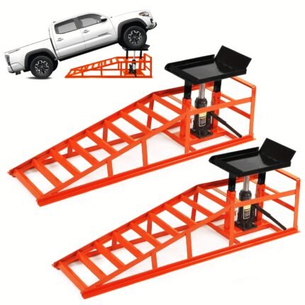 2 Packs Of 5-ton/ 10, 000-pound Safety Hydraulic Truck Ramps For Trucks And SUVs - Heavy-duty Workshop Lifts With Safety Rails - Orange (10.2-15.3 Inches)