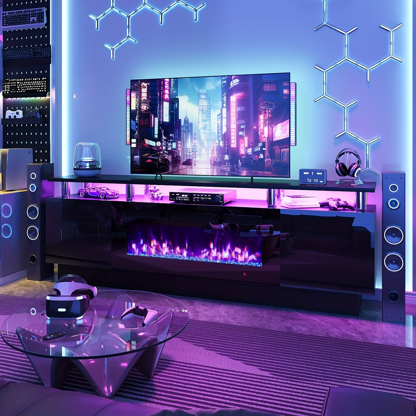 5d28e375-fa07-4679-a7f6-3b0c2848ff08-1.jpg 36" Electric Fireplace TV Stand with LED Lights - Modern High-Gloss Black Entertainment Center, Sturdy Stainless Steel & Engineered Wood, Closed Storage for TVs Up to 80", CSA/ETL Certified Heater with Overheat Protection, Electric Fireplace for Living Room, Media Organizer, Sleek Wood Grain, Durable Construction - Image 1