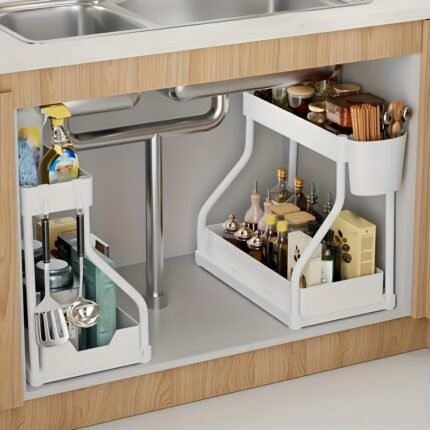 2pcs Under Sink Organizer with Sliding Shelves - Durable Pull-Out Cabinet Organizer for Bathroom & Kitchen, Space-Saving Design, Sleek Appearance