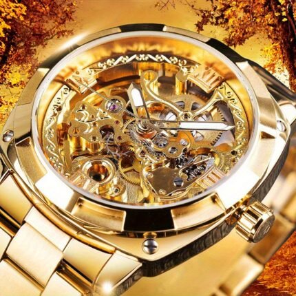 Men's Vintage Automatic Mechanical Skeleton Golden Watch - 41mm Square Bezel, Hollow Engraved Dial, 1181.1inch High Quality Luxury Wristwatch for Everyday & Formal Wear, Bling Watch, Formal Timepiece