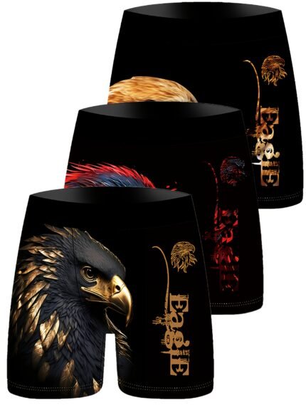3pcs Cartoon Eagle Print Men'S Shorts - Stretchy, Comfortable, Breathable Knit Boxer Briefs with Vibrant Golden & Black Design, Casual Wear, Casual Wear Boxers|Bold Graphic Shorts|Stretchy Fabric