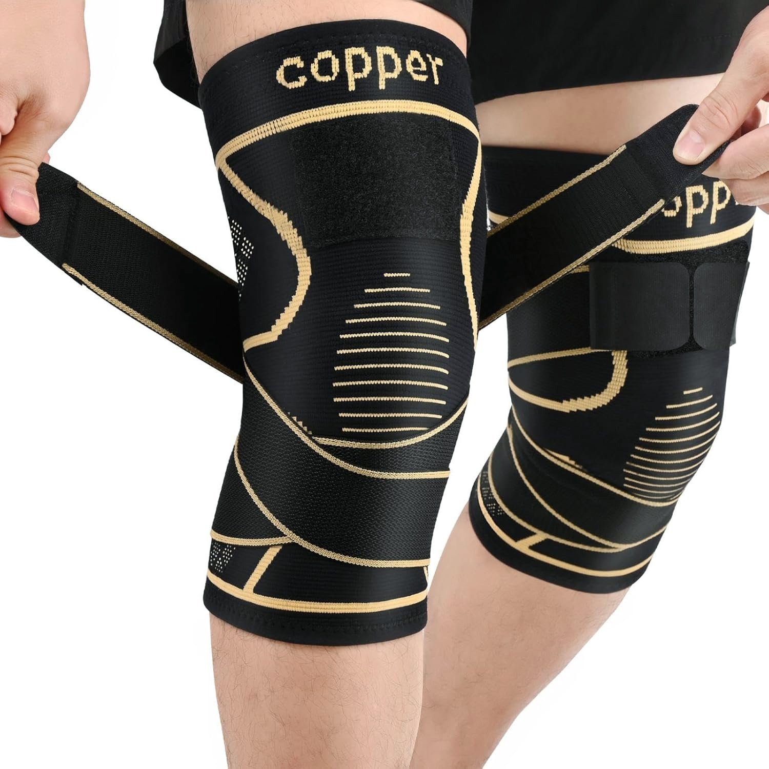 5e837f9a3e074f648903789adf4d34a1-goods.jpeg 2pcs Copper Fiber Knitted Sports Knee Pads - With Straps, Elastic And Breathable, Closed Type, Suitable For Outdoor Sports, Running, Fitness, Various Ball Games, Hiking, Breathable High Elastic Non-slip Knee Pads, Very Suitable As Gifts - Image 1