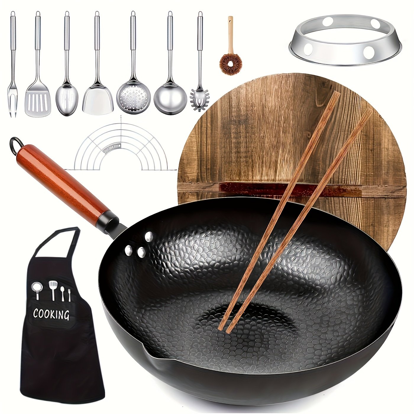 5eed65c9-5235-4fb6-93b0-c91eb77d1518.jpg 1set Wok With Lid - Nonstick, Cast Iron Cookware Frying Pan 12.6 Inches With 13 Cookware Accessories, Frying Pan Flat Bottomed Carbon Steel Wok Suitable For All Stoves, Kitchen Utensils, Kitchen Tools, Kitchen Accessory, Kitchen Supplies Camping - Image 1
