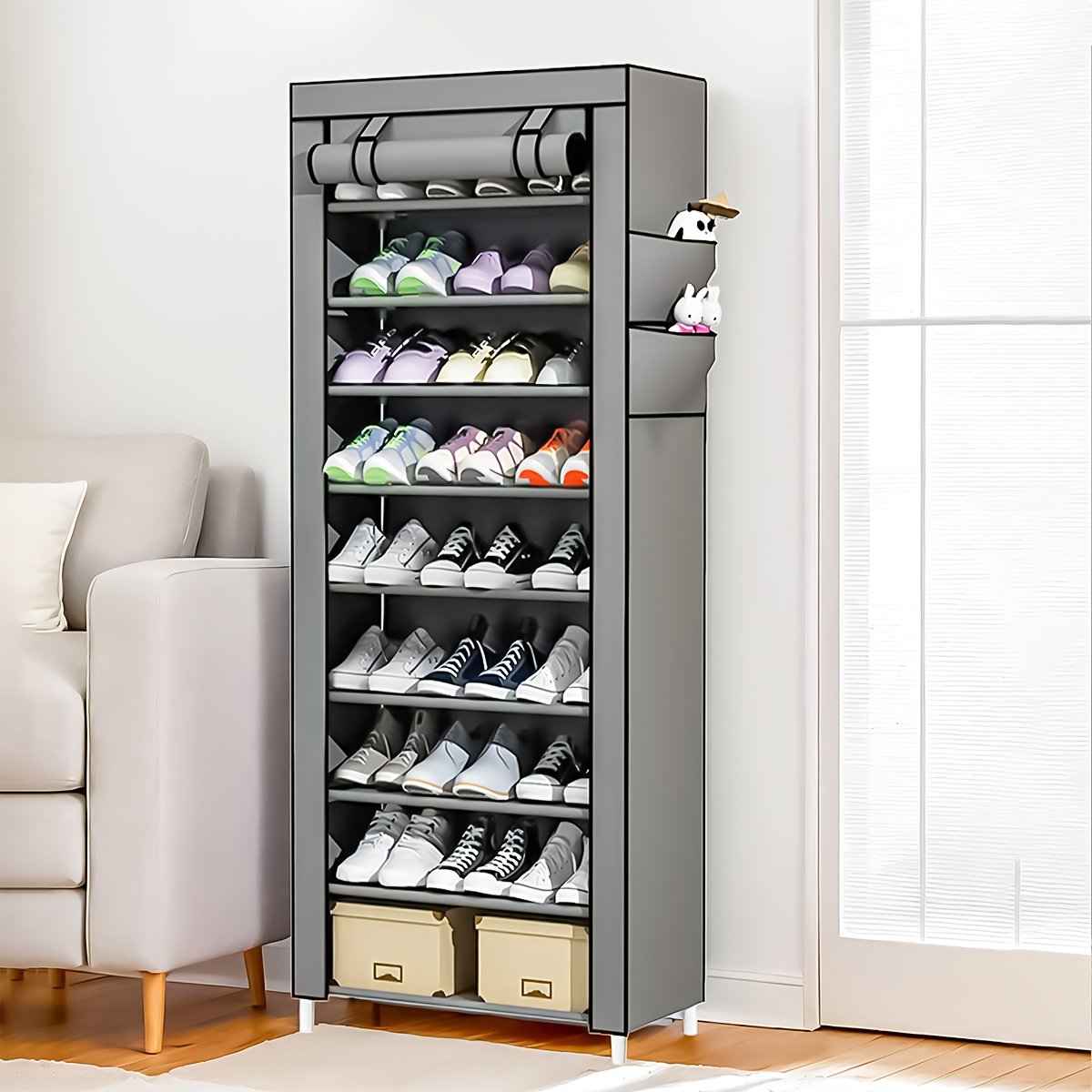 5ef4c620-89e3-45ed-9e8f-166474aaeec1.jpg Space-Saving Tall Shoe Rack Organizer - Heavy-Duty Metal Shoe storage tower, Narrow Design for Entryway, Closet, Apartment - Standalone Shoe Rack (No Assembly Tools Needed) - Holds Many Pairs - Gray, Small Shoe Rack, Entryway Organizer, Multitier System - Image 1