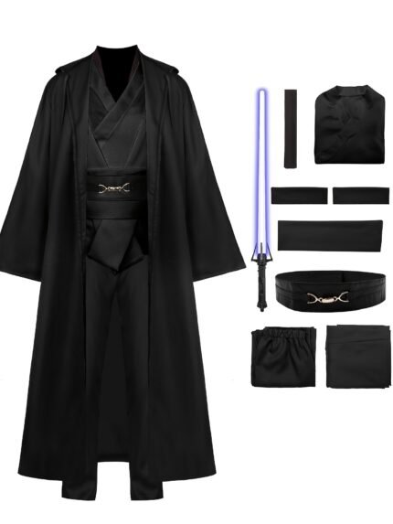 Hooded black robe Halloween, carnival role-playing costume set, cape+top+shoulder strap * 2+waistband+PU belt+pants+retractable sword