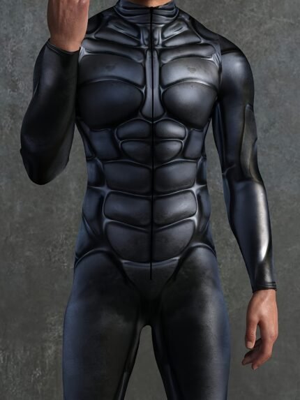 Men'S Mecha Warrior Print Full-Zip Futuristic Bodysuit - Glowing Blue & Black Armor Design, Stretchy Long Sleeve Tight-Fit Costume with Full-Zip Front Closure, All-Season Comfort for Halloween, Cosplay, Rave & Themed Parties - Retro-Futuristic Style (Multiple Sizes Available) - Ideal for Anime & Manga Fans, Style Clothe For Men, Theme Party, Men Outfit, Halloween Costume For Men, Role Play Costume, Costume For Men