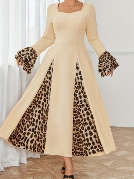 Plus Size, Women's Plus Size Beige & Black Leopard Print party dress - Flared bell sleeves, back zipper closure, Elegant pencil party gown for Formal Events, Nightouts - Hand Washable Non-See-Through Fabric, Night Out Outfit, Durable Material, Fashion Lovers