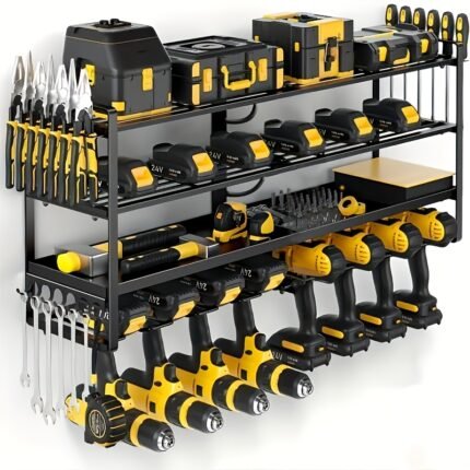 GOTFLYO Heavy-Duty Metal Wall-Mounted Drill Storage Rack with Charging Station, Multiple Tiers & Battery Holder for Garage Organization - Space-Saving Tool Organizer, Drill Rack for Garage, Workshop Organization, Sturdy Construction, Storage Racks