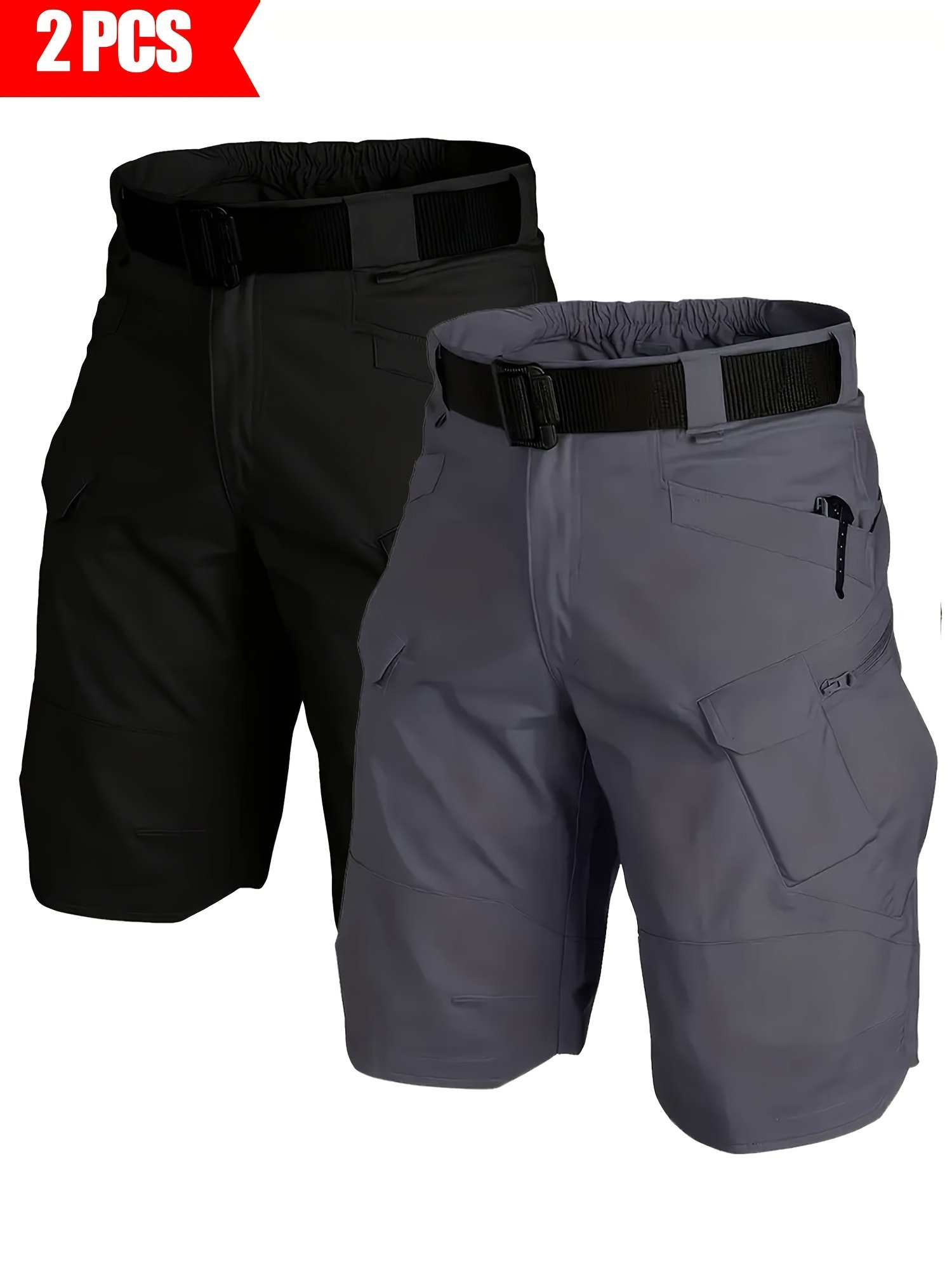 5f8a2b42-e7b3-474f-9ae0-4635c5a54de7.jpg 2 Pack Men'S Tactical Cargo Shorts - Lightweight, Quick-Drying, Breathable, Multi-Pockets (No Belt), Durable Non-Stretch Fabric With Zippered Pockets, Elastic Waistband & Drawstring | Regular Fit For Hiking, Outdoor Activities, Camping & Daily Use - Image 1