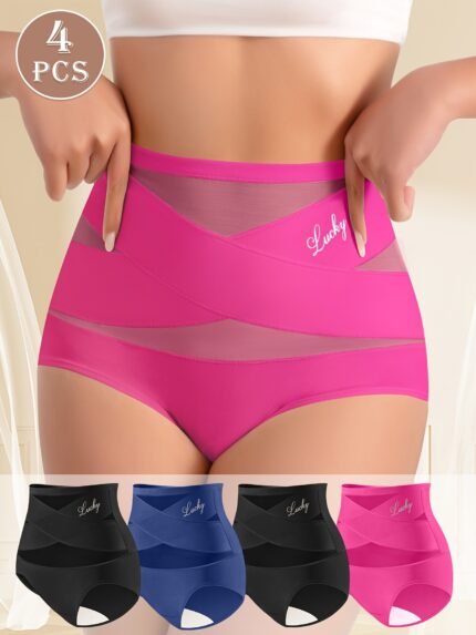 4pcs MEIYATING Women's High-Waist Briefs - Tummy Control Breathable Mesh Underwear, Elegant Solid Color Panties (Pink/Blue/Black/White) - Soft Polyester, Hand Wash Only, Tummy Control Underwear, Everyday Comfort, Crossover Front Design, Smooth Fabric, Seamless Construction