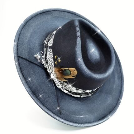 100% Polyester Women's Vintage Distressed Fedora with Hand-Painted Graffiti, PU Accents, Lightweight Artificial Feather Decoration, Non-Washable Knitted Craftsmanship, and Star Embellished Holiday Occasion Hat