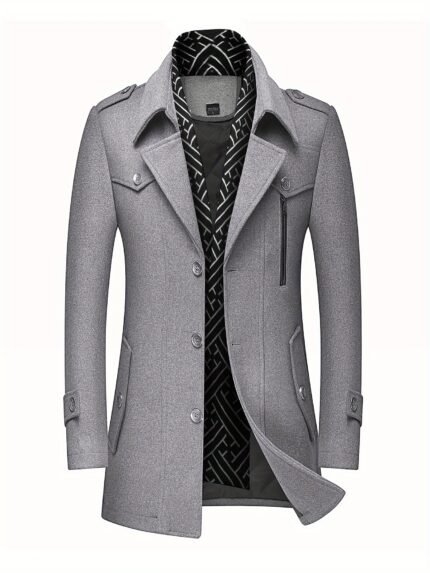 INVACHI Men'S Wool Blend Coat, Casual Style, Notched Collar, Single Breasted, Regular Fit, Long Sleeve, Solid Color, Button Closure, Non-Waterproof, for Fall/Winter, Polyester Lining, Trench Coat with Detachable Soft Scarf