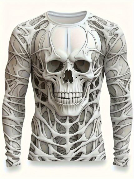 Drippy Drippy Men'S Gothic Heavy Metal Long Sleeve T-Shirt - Front 3D Skull Print, Breathable Polyester, Metallic Glossy Finish, Regular Fit Streetwear Top for Concerts, Halloween & Daily Wear, Goth T Shirt, Concert Attire, Edgy Fashion, Durable Print, Street Style, Casual Wear, Highquality Fabric, Alternative Fashion