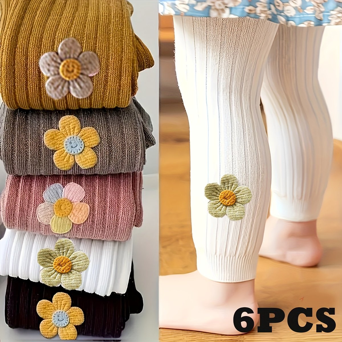 626c5ced-9ccc-4dc8-bb6d-63198e617008.jpg 6pcs Girls' Floral Side Smile Leggings - Stretchy Cropped Pants with Cute Flower Accents, Soft Polyester Blend, All-Season Comfort, Hand Wash Only, Variety of Colors Available, Cute Leggings for Youngster - Image 1