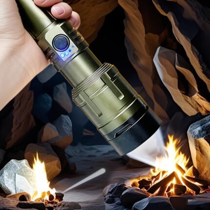 A powerful pure aluminum alloy flashlight with a Finier lens and a 5000mAh large-capacity battery. Its strong focusing ability can ignite matches. It is suitable for camping, outdoor activities, car repair, and home decoration