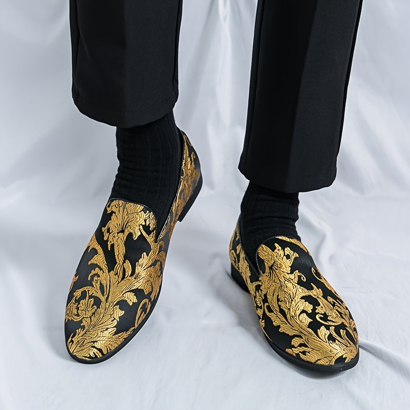 63186095-3ef9-4084-b270-41cb58836d05.jpg Men'S Vintage Black & Golden Floral Loafers - Slip-On Pointed Toe Shoes with Rubber Sole, Perfect for Business, Casual, Parties, and Vacations, Party Footwear, Elegant Slipon, Durable Slipresistant - Image 1