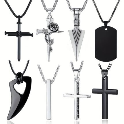 8 Men's necklaces, Men's jewelry set with Stainless Steel necklaces, cross pendant necklace, chain length 16-24 inches