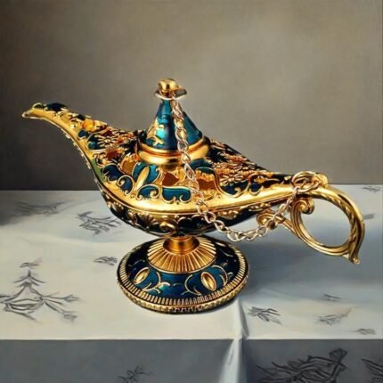 1pc Wishing Aladdin Metal Magic Lamp Decoration - Handcrafted Ornate Design, Vibrant Red/Golden/Green/Golden Finishes, No Electricity Needed for Home, Party & Festival Decor, Aladdin Decor, Home Accent Piece, Traditional Aesthetic, Intricate Detailing, Crafted Metalwork