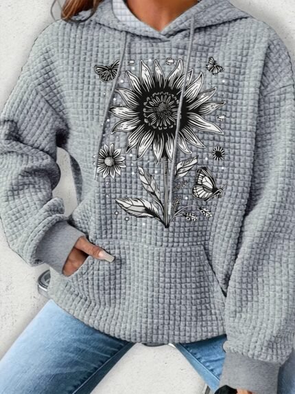 Plus Size - Plus Size Women'S Casual Hoodie with Large Sunflower & Butterfly Print, Waffle Pullover with Kangaroo Pocket, Long Sleeve, Fall/Winter Collection, Casual Wear Hoodie | Floral Print Hoodie | Waffle Fabric, Sweater Hoodie