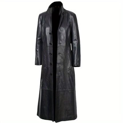 Chic Imitation Faux Leather Long Trench Coat for Men - Full-Length Winter Outerwear, Classic Military Officer Style, Black Biker Jacket, Casual Wear, Durable