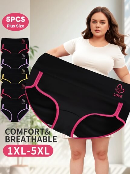 5-Pack Large Size Women'S Underwear, Mid-Rise, Comfortable, Color-Blocking, Tummy Control.