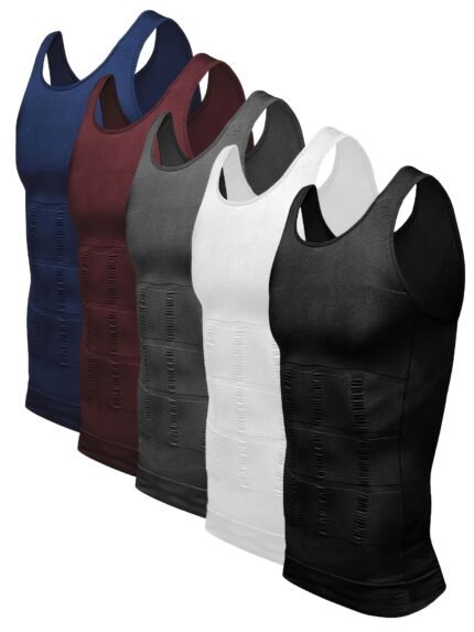 5pcs Men's Slimming Compression Tank Top - Black, Spandex/Nylon Blend, Tummy Control Body Shaper for Workout & Muscle Toning, All-Season Fit, Waist Trainer