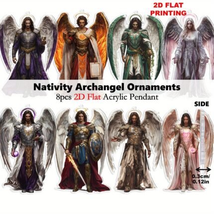 2D Flat, 2D Flat - 8pcs Nativity Angels Acrylic Ornaments - Handcrafted Michael & Gabriel + 6 Archangels for Home, Mantel Decor - Christmas Tree Decoration & Party Favor - Rustic Christmas Gift for Family and Friends, 2D Flat
