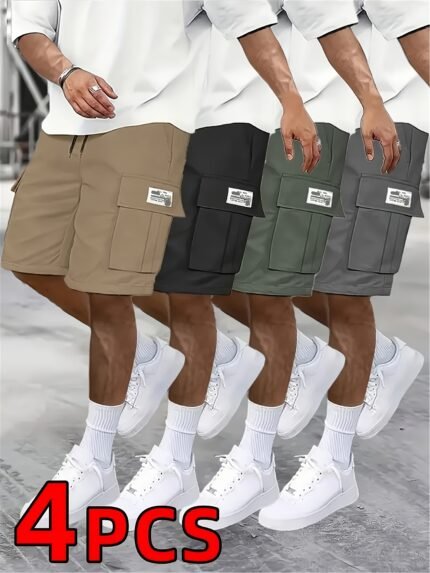 4pcs set - Men's shorts, casual loose shorts, perfect choice, large pocket workwear shorts, summer workwear shorts Men's five quarter pants ins trendy straight leg casual five quarter shorts couple basketball pants