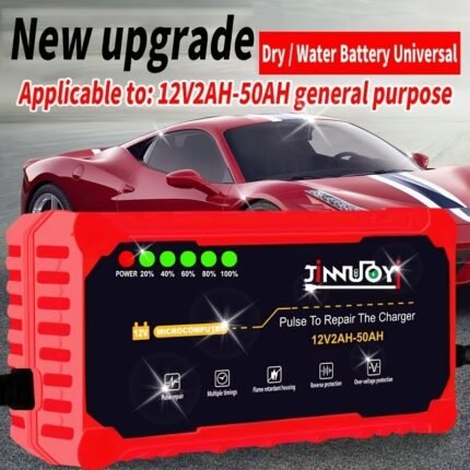 12V 3A Automatic Battery Charger for Cars, Motorcycles & Trucks - Level 3 Lead-Acid AGM GEL Intelligent Repair Charger with LCD Display, Red & Black Design, US Plug, Upgraded Version, Portable Power Bank, Without Battery